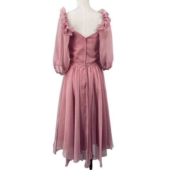 Vintage 70s Chiffon Puff Sleeve Ruffle Off Shoulder Midi Dress Fit Flare Pink 4 - Picture 5 of 10